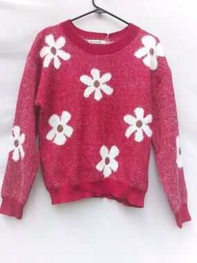 Red Daisy Crewneck Fuzzy Sweater - Women's Floral Knit Coquette Y2k Size Small